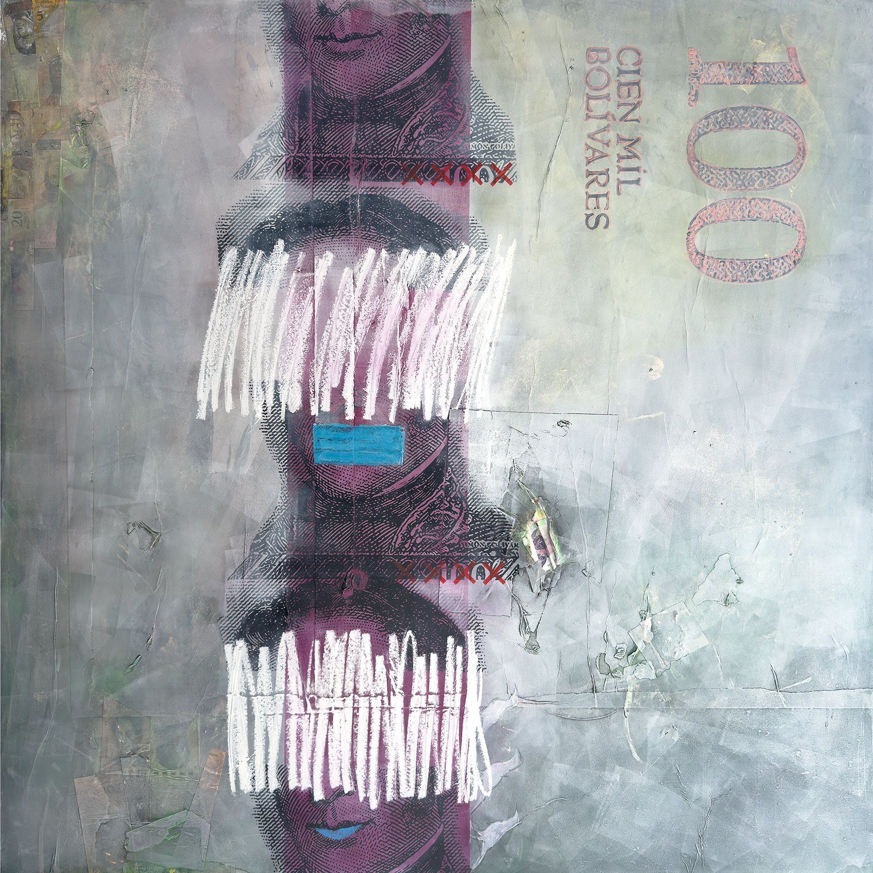 Happiness Is Policy: stacked bolívar portraits with white marks across the eyes and blue tape over the mouth