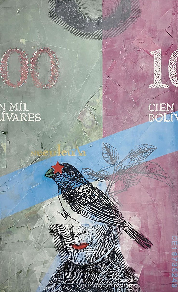 Lady Bolivar: a bird across a woman’s eyes over Venezuelan bolívar notes