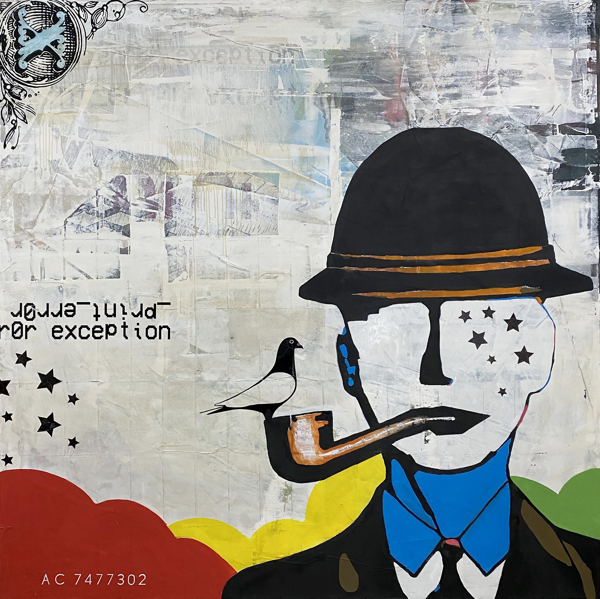 The Counterfeiter: a figure in a bowler hat with a pipe and a bird, over pasted currency