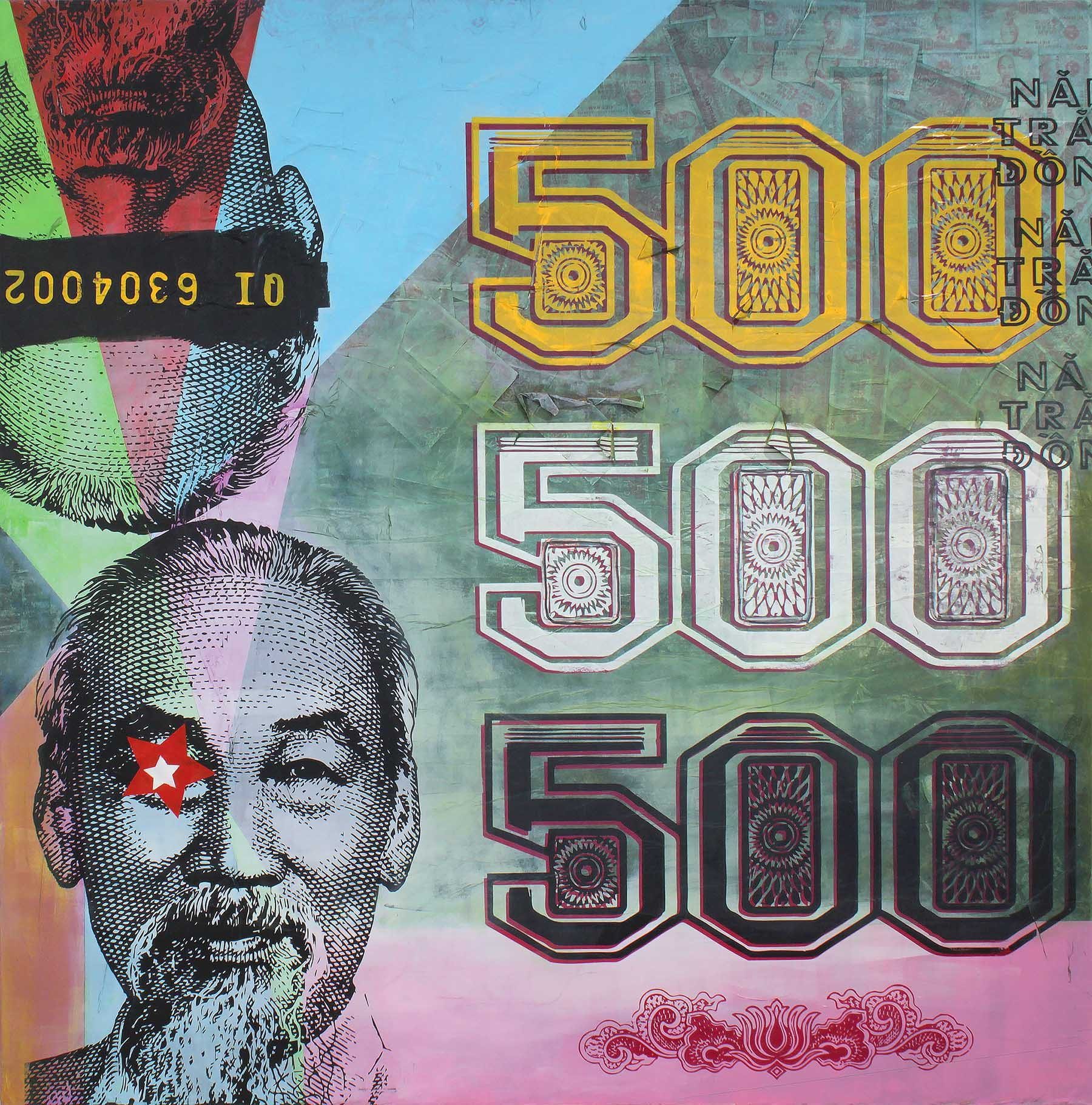 We 3 & The Ho Chi Me: Ho Chi Minh, twice, beside three oversized 500s