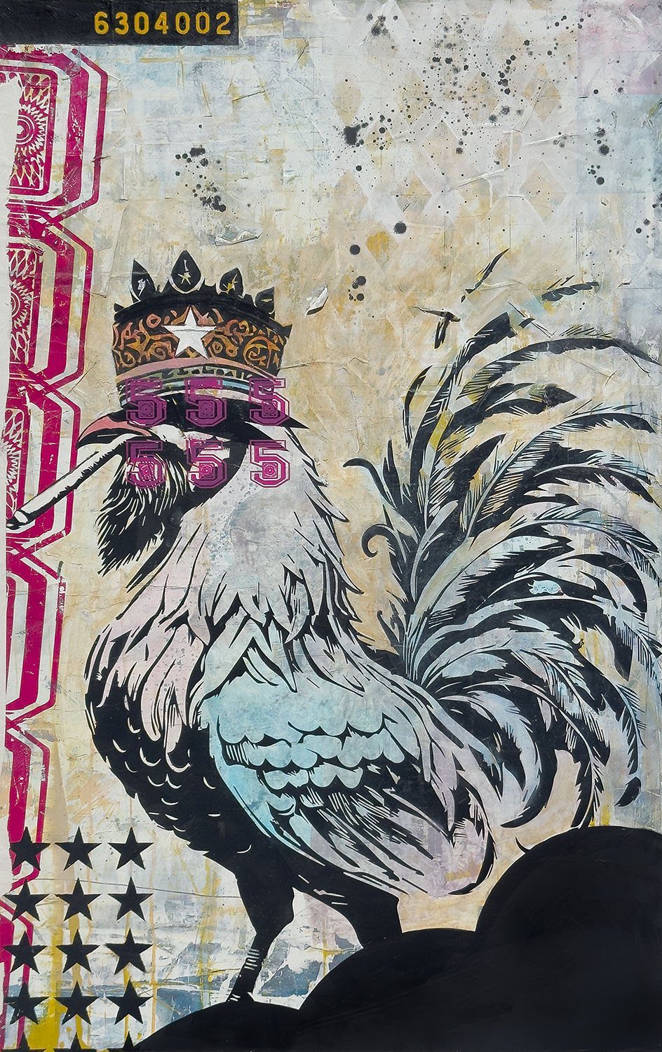 Yesterday Will Be Glorious!: a crowned rooster with a cigarette, its eyes covered by the numerals 555, over pasted Vietnamese đồng