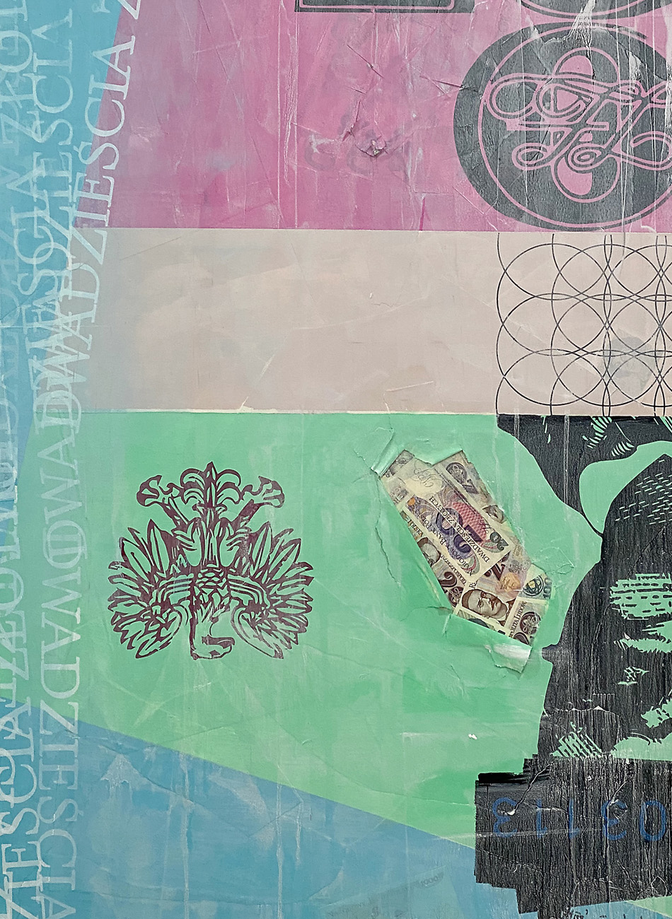 Preview of painter, Brian Drake's new work, featuring old money and obsolete currency.